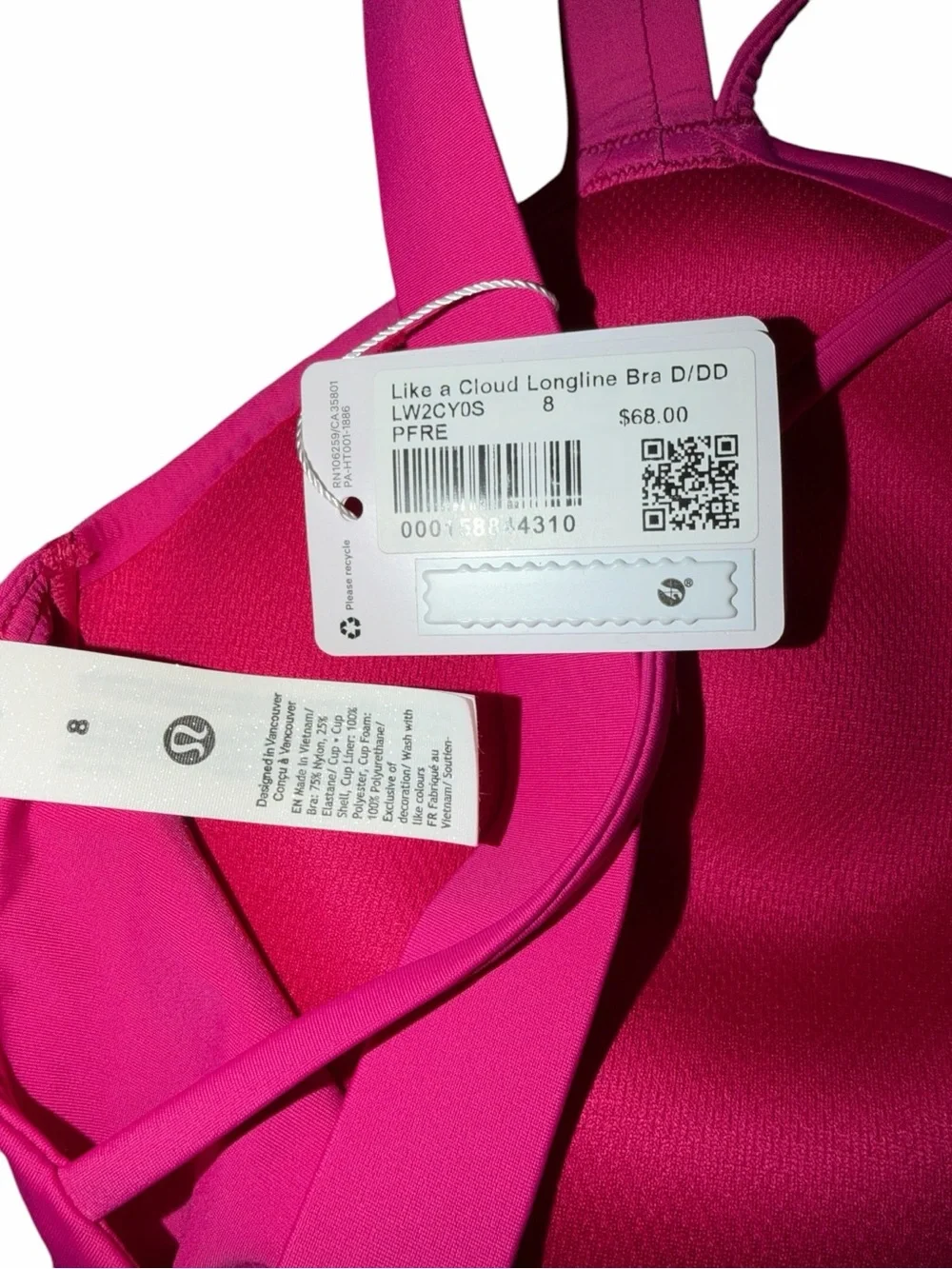 Lululemon Like a Cloud Longline Bra Pink Flare Size 8 NWT D/DD Cup